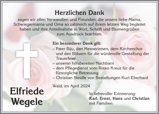 Traueranzeige von Elfriede Wegele von Allgäuer Zeitung, Marktoberdorf