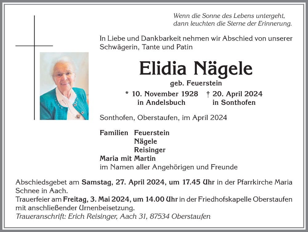  Traueranzeige für Elidia Nägele vom 26.04.2024 aus Allgäuer Anzeigeblatt