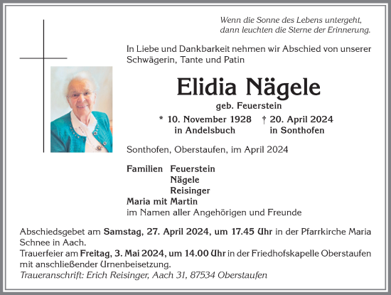 Traueranzeige von Elidia Nägele von Allgäuer Anzeigeblatt