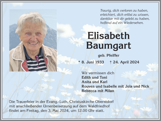 Traueranzeige von Elisabeth Baumgart von Allgäuer Anzeigeblatt