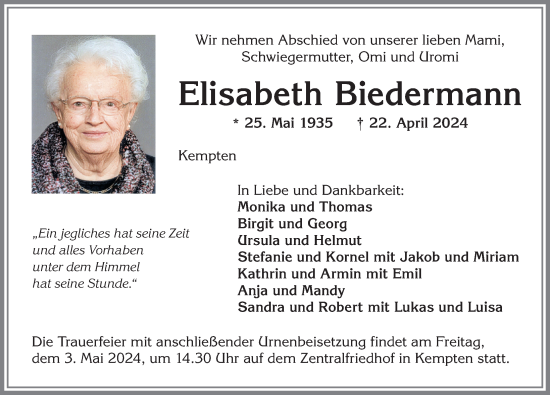 Traueranzeige von Elisabeth Biedermann von Allgäuer Zeitung,Kempten