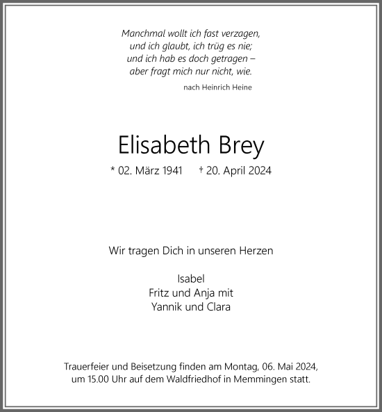 Traueranzeige von Elisabeth Brey von Memminger Zeitung