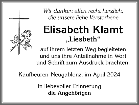 Traueranzeige von Elisabeth Klamt von Allgäuer Zeitung, Kaufbeuren/Buchloe