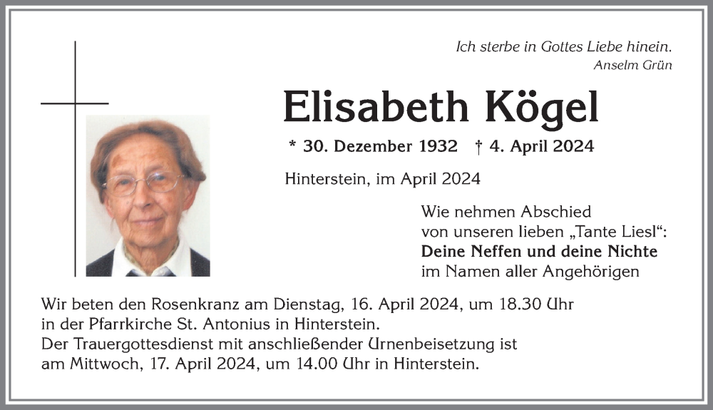  Traueranzeige für Elisabeth Kögel vom 13.04.2024 aus Allgäuer Anzeigeblatt