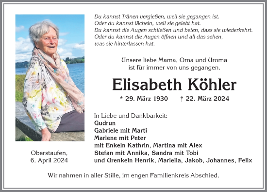 Traueranzeige von Elisabeth Köhler von Allgäuer Anzeigeblatt