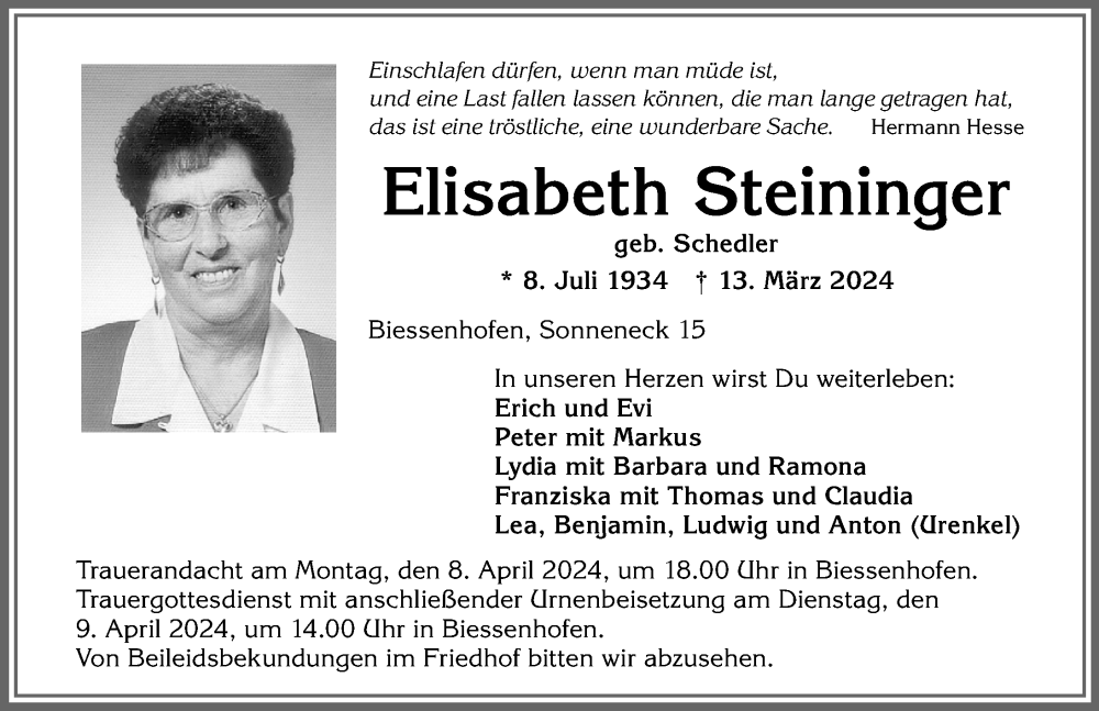  Traueranzeige für Elisabeth Steininger vom 04.04.2024 aus Allgäuer Zeitung, Kaufbeuren/Buchloe