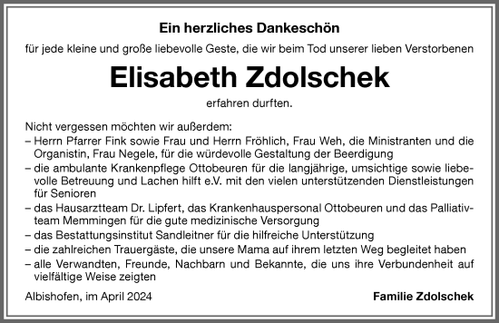 Traueranzeige von Elisabeth Zdolschek von Memminger Zeitung