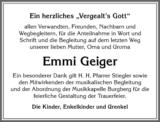 Traueranzeige von Emmi Geiger von Allgäuer Anzeigeblatt