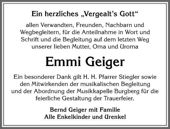 Traueranzeige von Emmi Geiger von Allgäuer Anzeigeblatt