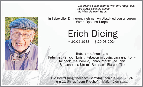 Traueranzeige von Erich Dieing von Der Westallgäuer