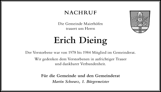 Traueranzeige von Erich Dieing von Der Westallgäuer