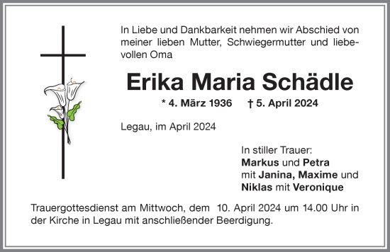 Traueranzeige von Erika Maria Schädle von Memminger Zeitung