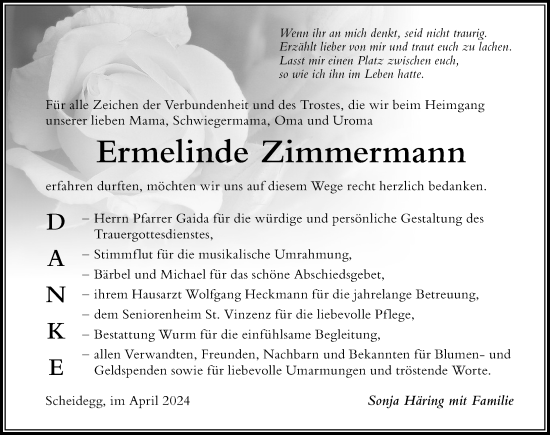 Traueranzeige von Ermelinde Zimmermann von Der Westallgäuer