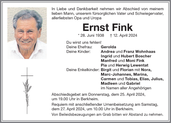 Traueranzeige von Ernst Fink von Memminger Zeitung