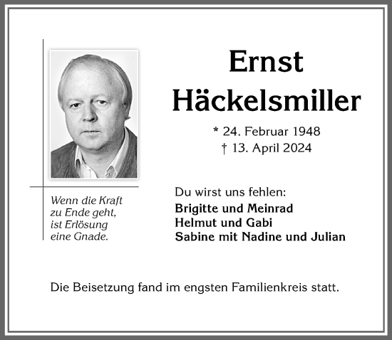 Traueranzeige von Ernst Häckelsmiller von Allgäuer Zeitung,Kempten