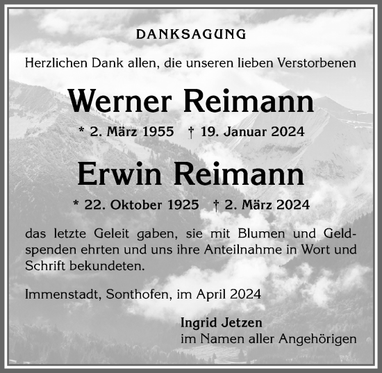 Traueranzeige von Erwin Reimann von Allgäuer Anzeigeblatt
