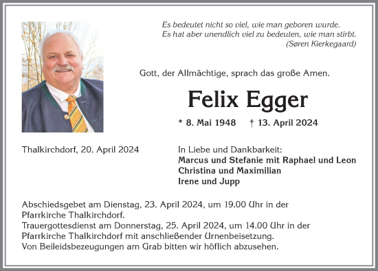 Traueranzeige von Felix Egger von Allgäuer Anzeigeblatt
