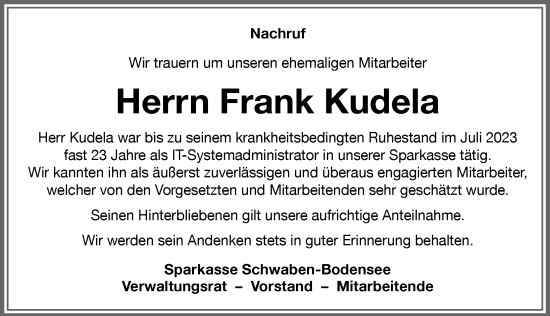 Traueranzeige von Frank Kudela von Memminger Zeitung