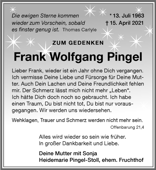 Traueranzeige von Frank Wolfgang Pingel von Memminger Zeitung