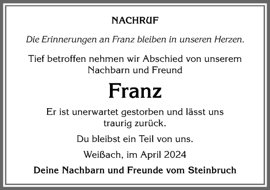 Traueranzeige von Franz  von Allgäuer Anzeigeblatt