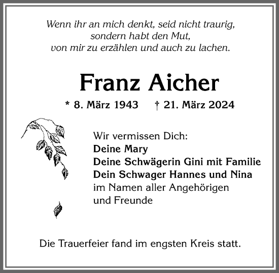 Traueranzeige von Franz Aicher von Allgäuer Zeitung,Kempten