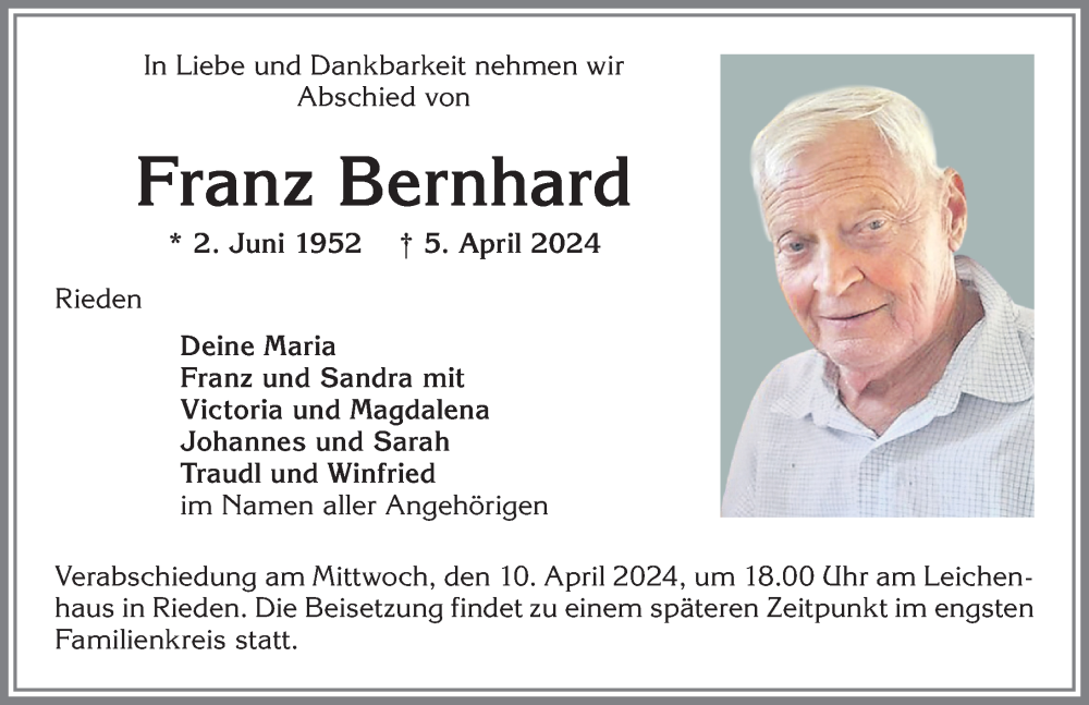  Traueranzeige für Franz Bernhard vom 09.04.2024 aus Allgäuer Zeitung, Kaufbeuren/Buchloe