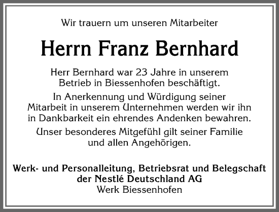 Traueranzeige von Franz Bernhard von Allgäuer Zeitung, Kaufbeuren/Buchloe