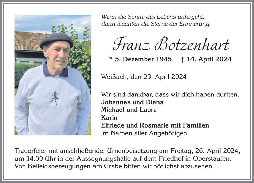  Traueranzeige für Franz Botzenhart vom 23.04.2024 aus Allgäuer Zeitung,Kempten