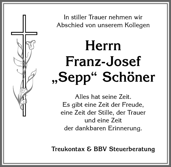 Traueranzeige von Franz-Josef Schöner von Allgäuer Zeitung,Kempten