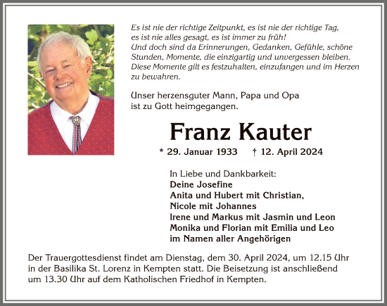Traueranzeige von Franz Kauter von Allgäuer Zeitung,Kempten