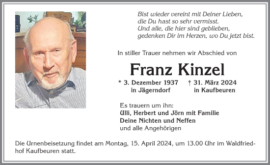 Traueranzeige von Franz Kinzel von Allgäuer Zeitung, Kaufbeuren/Buchloe