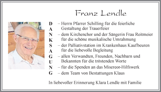 Traueranzeige von Franz Lendle von Allgäuer Zeitung, Marktoberdorf