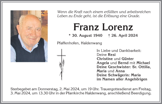 Traueranzeige von Franz Lorenz von Allgäuer Zeitung,Kempten