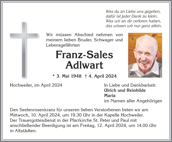 Traueranzeige von Franz-Sales Adlwart von Allgäuer Anzeigeblatt