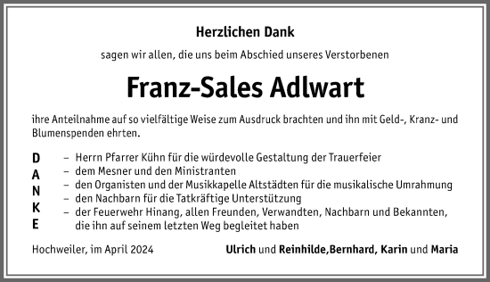 Traueranzeige von Franz-Sales Adlwart von Allgäuer Anzeigeblatt