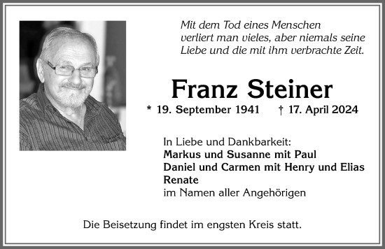 Traueranzeige von Franz Steiner von Allgäuer Anzeigeblatt