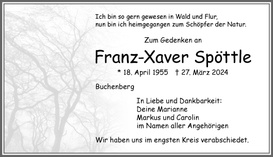 Traueranzeige von Franz-Xaver Spöttle von Allgäuer Zeitung,Kempten