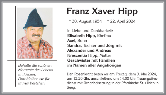 Traueranzeige von Franz Xaver Hipp von Allgäuer Zeitung, Füssen