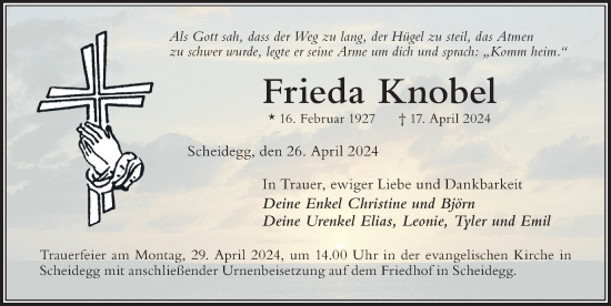 Traueranzeige von Frieda Knobel von Der Westallgäuer