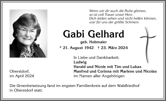 Traueranzeige von Gabi Gelhard von Allgäuer Anzeigeblatt