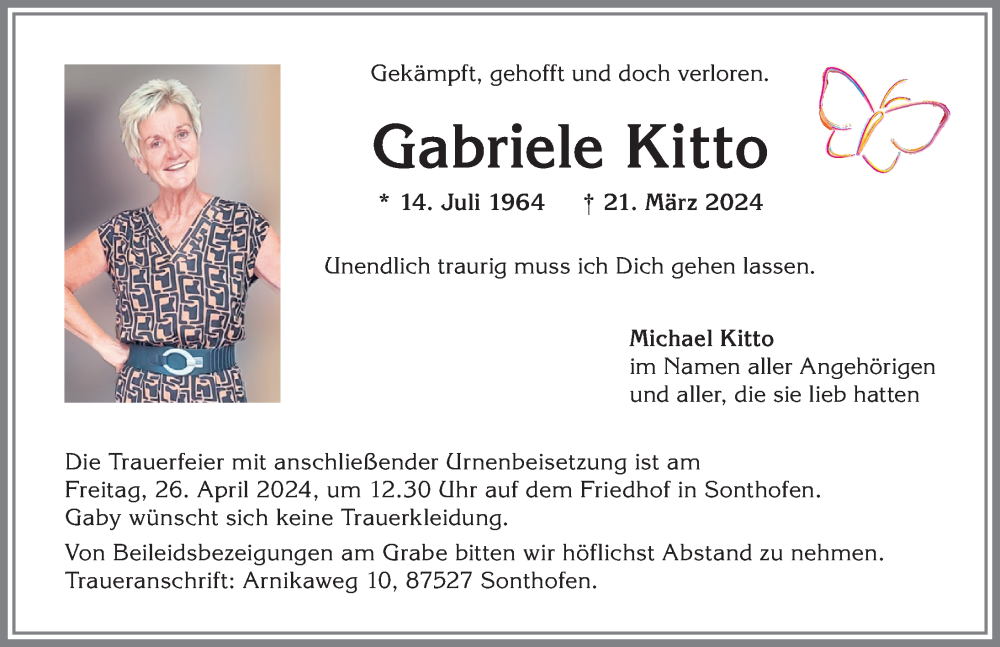 Traueranzeige für Gabriele Kitto vom 13.04.2024 aus Allgäuer Anzeigeblatt