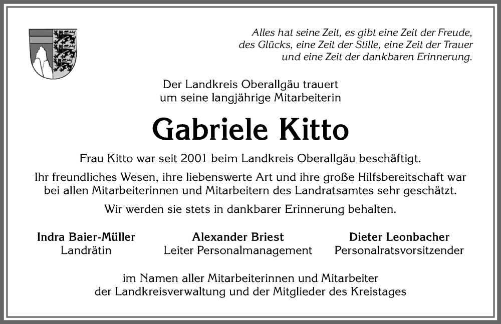  Traueranzeige für Gabriele Kitto vom 16.04.2024 aus Allgäuer Anzeigeblatt