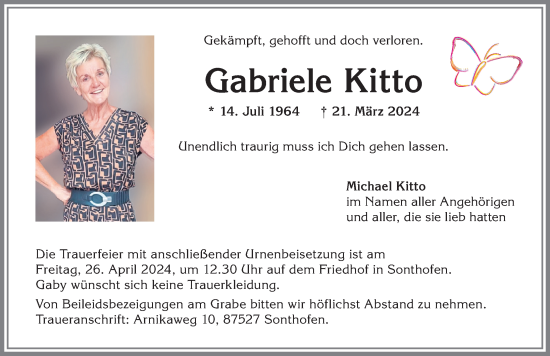 Traueranzeige von Gabriele Kitto von Allgäuer Anzeigeblatt