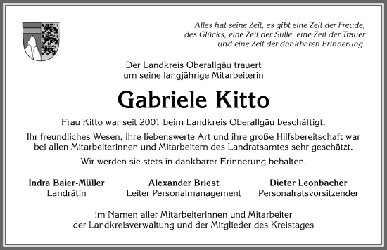 Traueranzeige von Gabriele Kitto von Allgäuer Anzeigeblatt