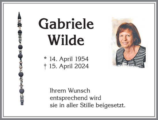 Traueranzeige von Gabriele Wilde von Allgäuer Zeitung,Kempten