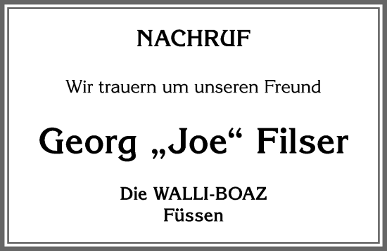 Traueranzeige von Georg Filser von Allgäuer Zeitung, Füssen