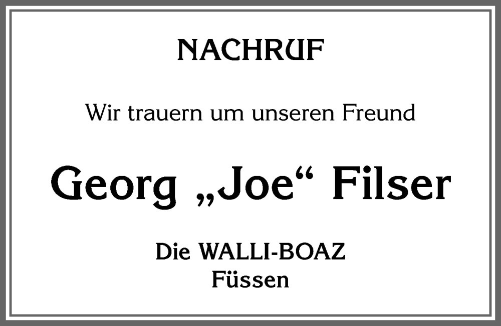  Traueranzeige für Georg Filser vom 27.04.2024 aus Allgäuer Zeitung, Füssen