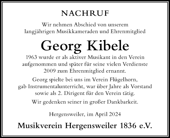 Traueranzeige von Georg Kibele von Der Westallgäuer