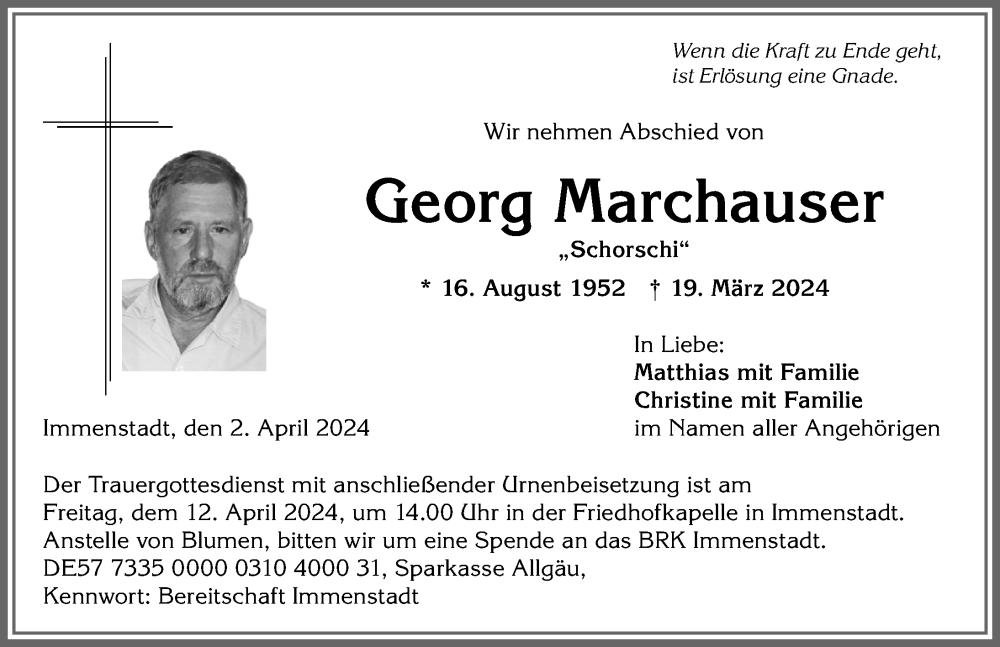  Traueranzeige für Georg Marchauser vom 02.04.2024 aus Allgäuer Anzeigeblatt