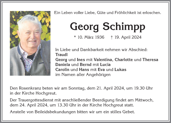 Traueranzeige von Georg Schimpp von Allgäuer Zeitung,Kempten